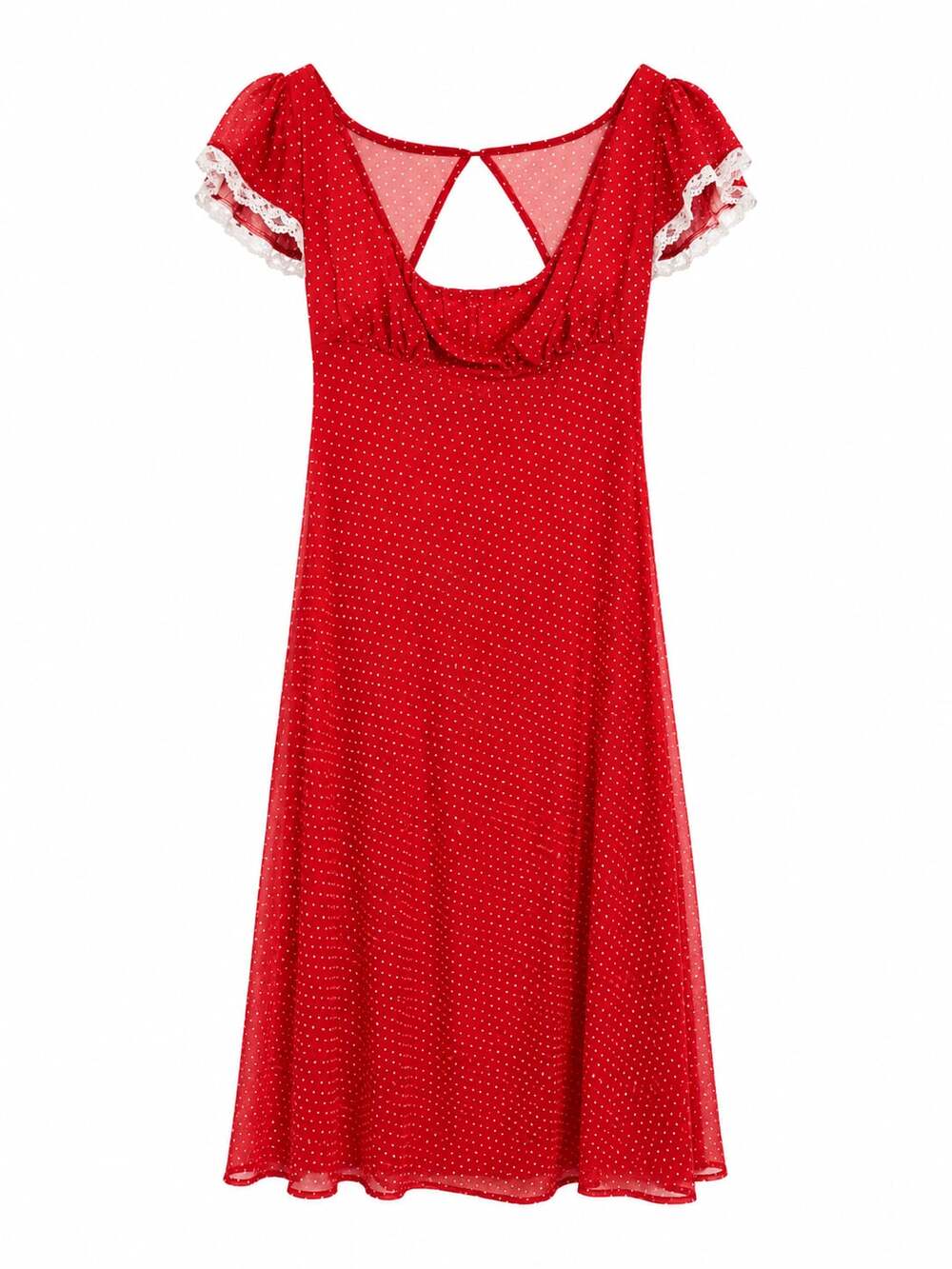 NWT- Wild Fable Red Polka Dot Midi Dress with Lace Trim Short Sleeves Size M